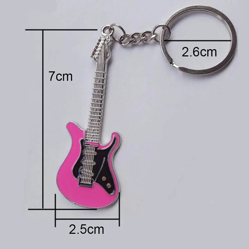 Pink and black enamel classic guitar keychain with silver metal details for car key ring musical instruments pendant gift