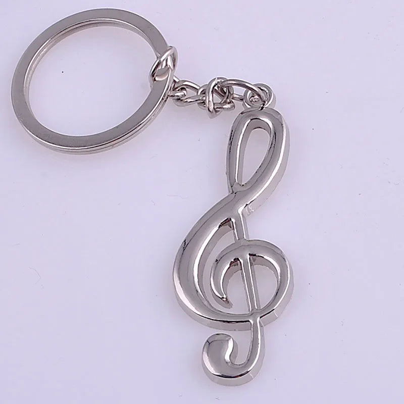 Silver metallic classic guitar keychain with polished treble clef design ring musical instruments pendant for men women gift
