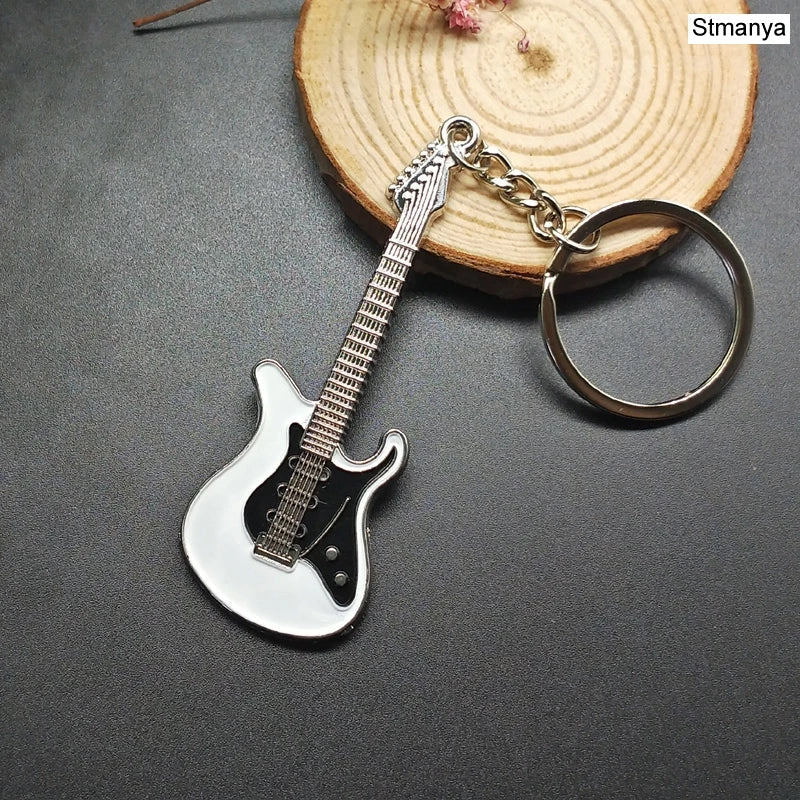 Silver and black enamel classic guitar keychain with metallic chain and ring musical instruments pendant for car keys