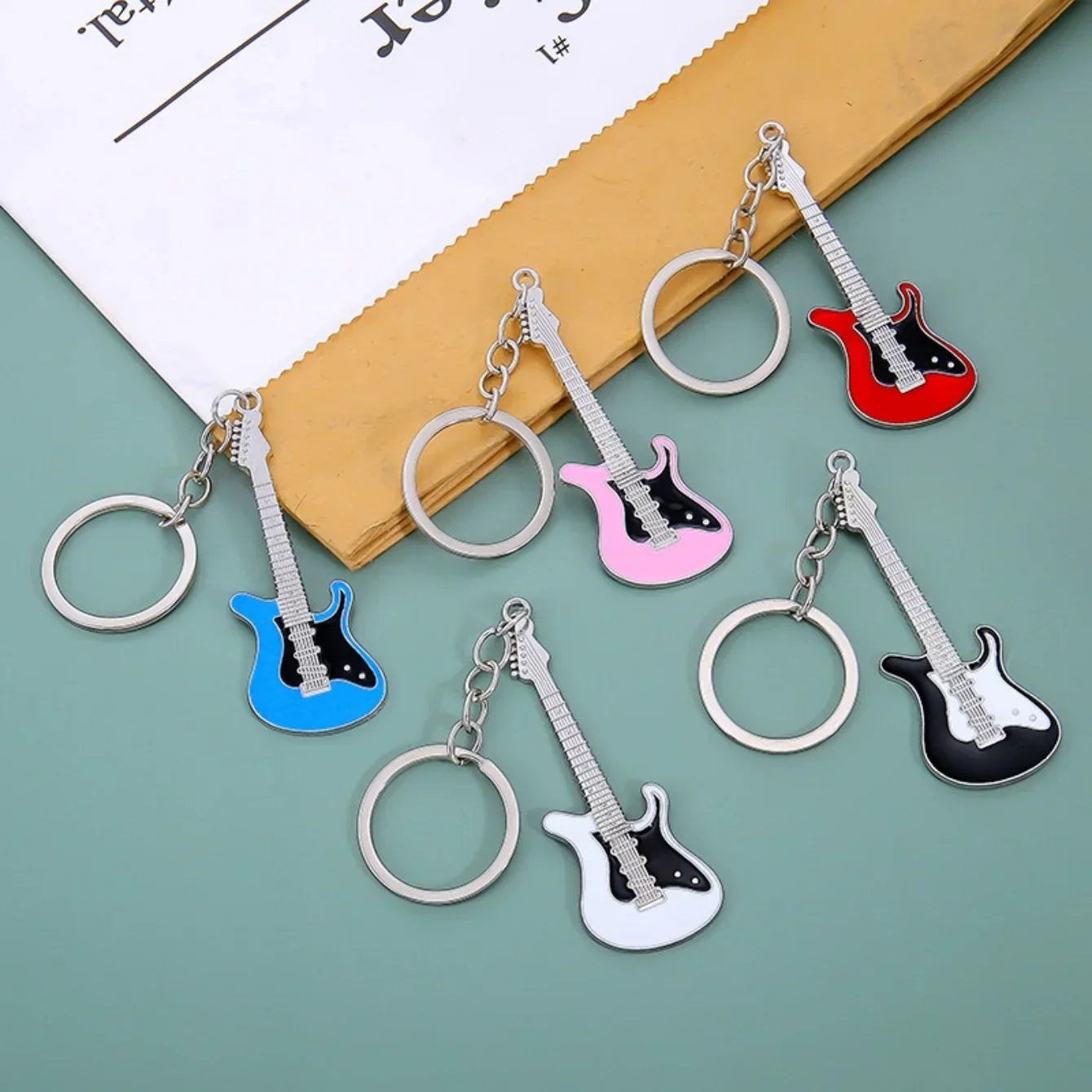 Colorful enamel classic guitar keychain with silver metal body and black pickguard ring musical instruments man women gift