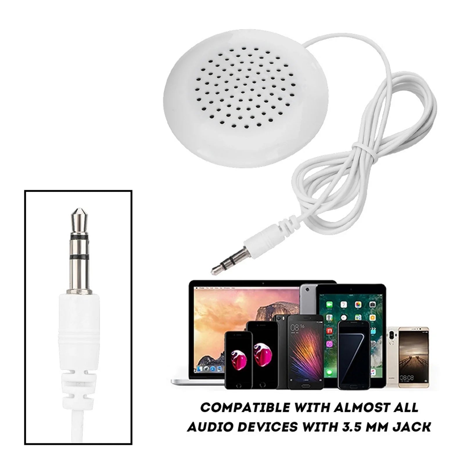 White circular diy pillow speaker with 3.5mm audio jack for mp3 phone portable use and mini stereo sound