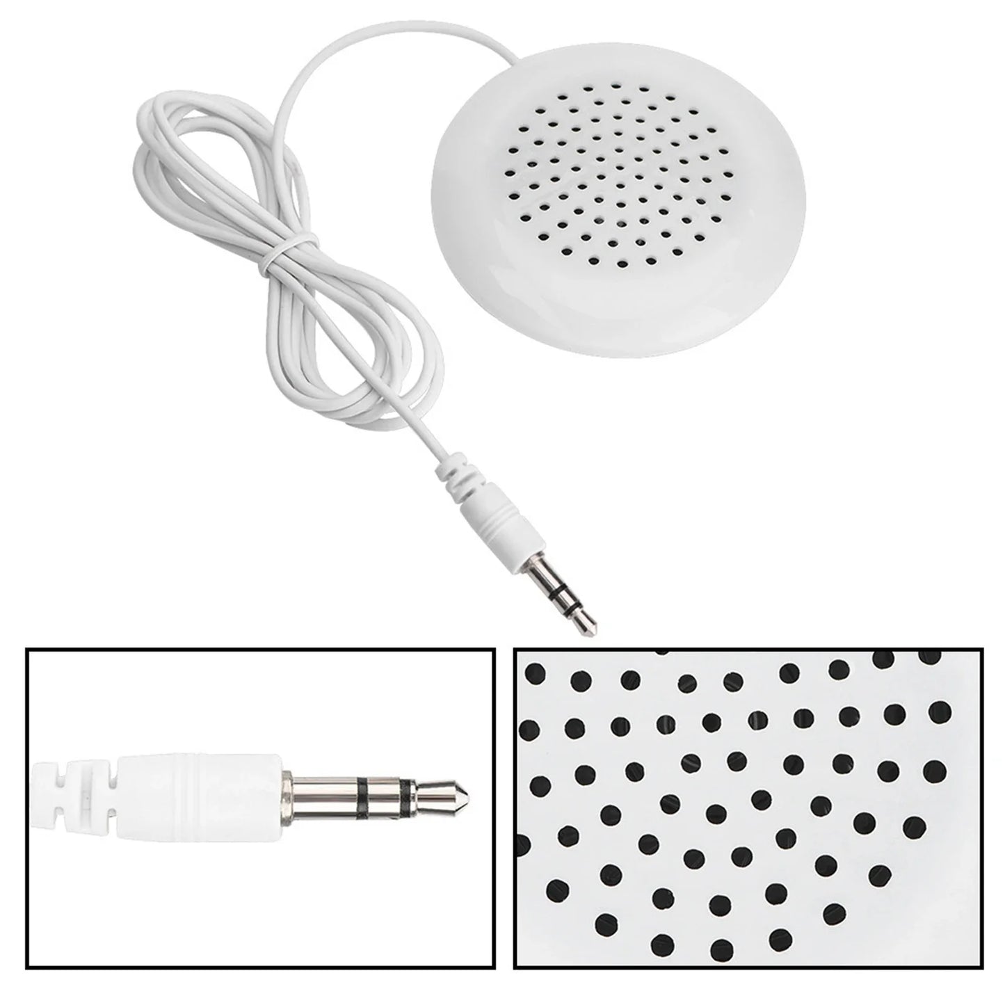 White circular diy pillow speaker with perforated grille and coiled cable for mp3 phone portable use