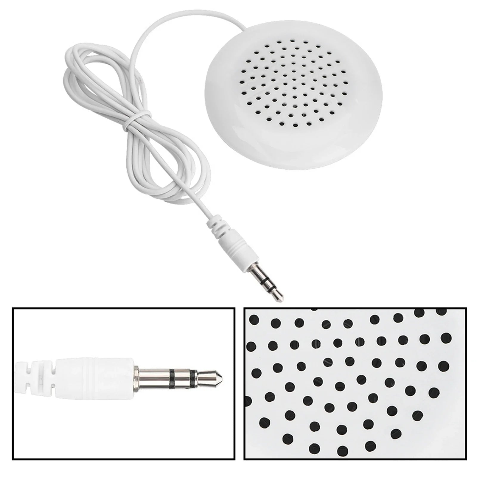 White circular diy pillow speaker with perforated grille and coiled cable for mp3 phone portable use