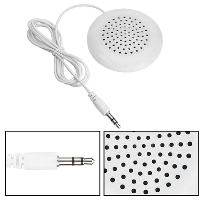 White circular diy pillow speaker with perforated grille and coiled cable for mp3 phone portable use