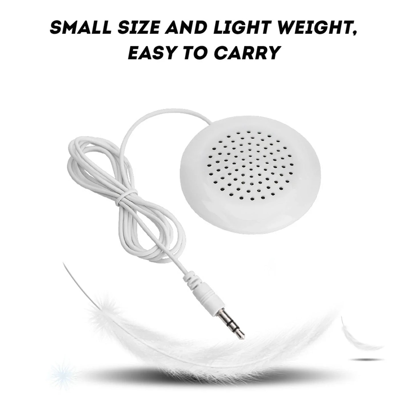 White compact diy pillow speaker with a perforated grille and coiled 3.5mm cable for mp3 phone portable use