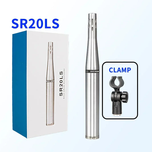 Silver sr20ls condenser drum microphone with sleek cylindrical design and vertical ridges for high recording fidelity