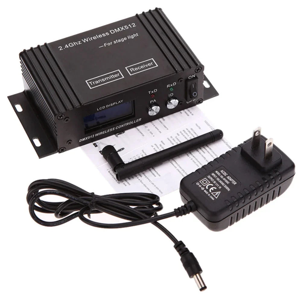 Black 2.4ghz wireless controller receiver and transmitter lcd display with power adapter for disco dj party stage use