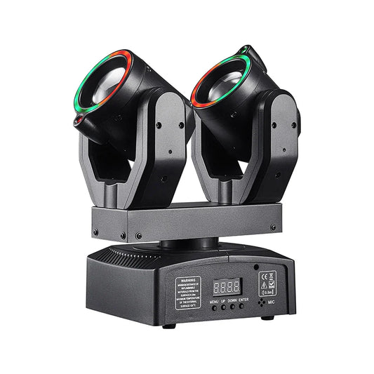 Black double head moving LED spotlight with green and red illuminated lens rings and aperture remote control for birthday party effect