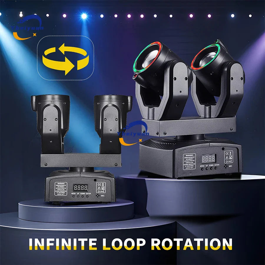 Black double head moving stage light with green-rimmed lenses and aperture remote control for birthday party effect use