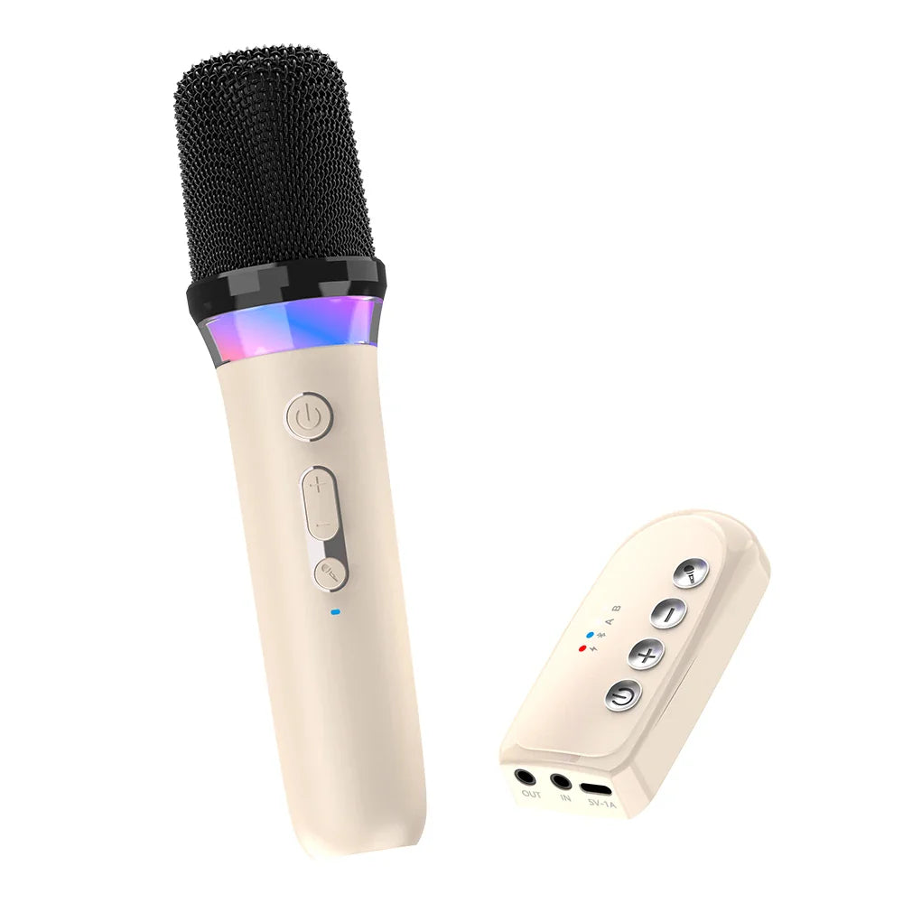 Cream-colored karaoke companion bluetooth wireless microphone with black mesh grille rgb light and matching remote for wired speaker car