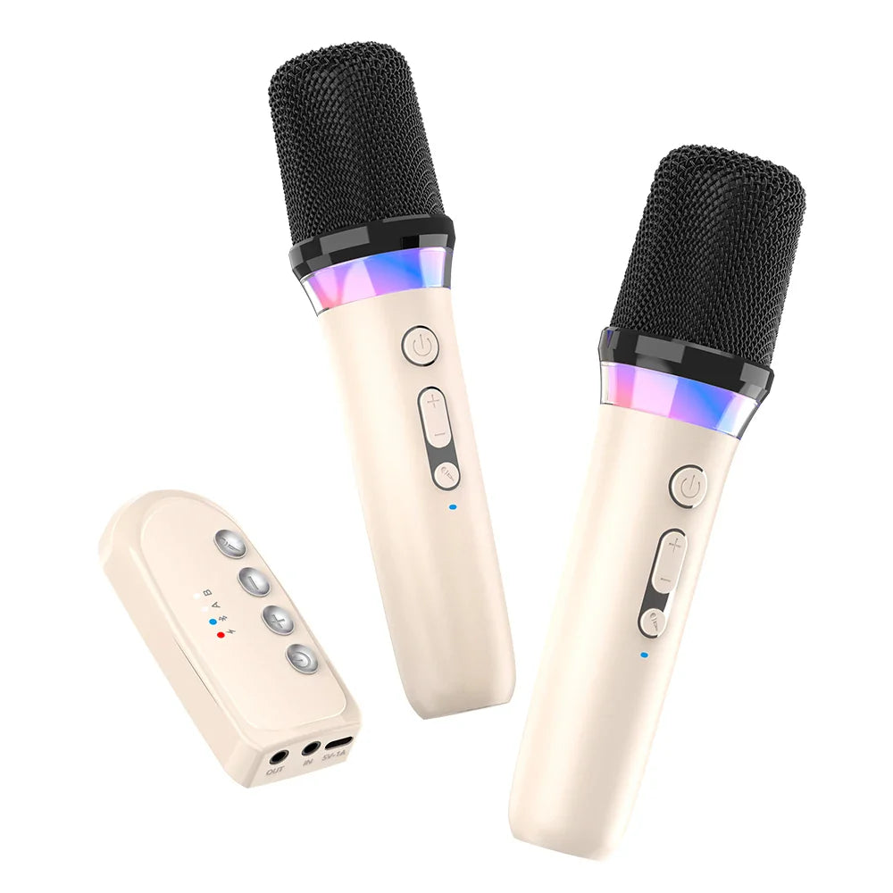 Cream-colored wireless karaoke companion bluetooth microphones with black mesh grilles and rgb light ktv dsp for wired speaker car