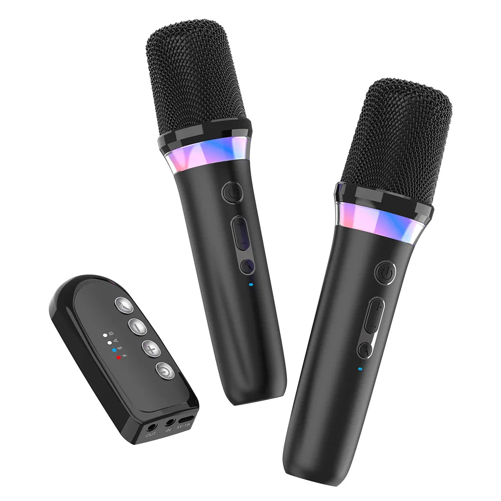 Two black wireless karaoke companion bluetooth microphones with iridescent led rings and matching remote for light ktv dsp wired speaker car system