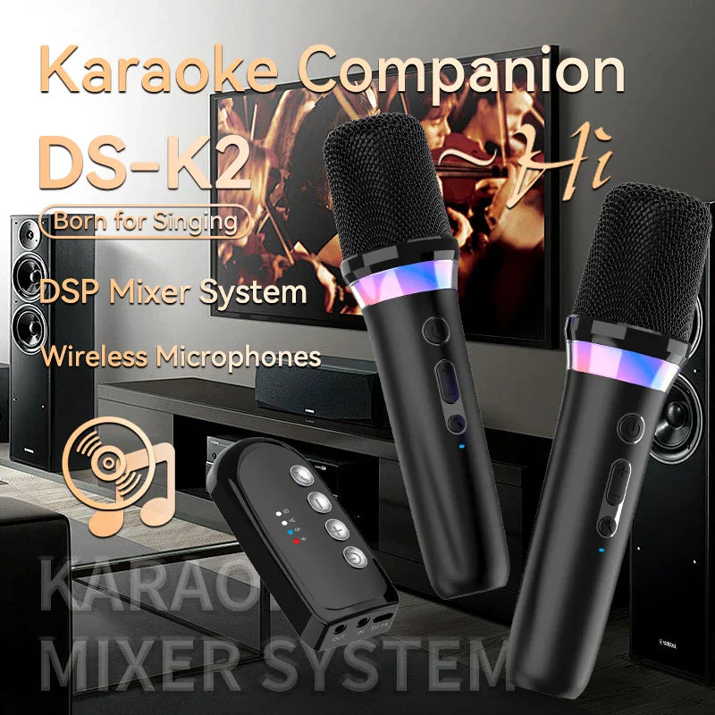 Black wireless karaoke companion bluetooth microphones with colorful led rings and matching remote for wired speaker car use