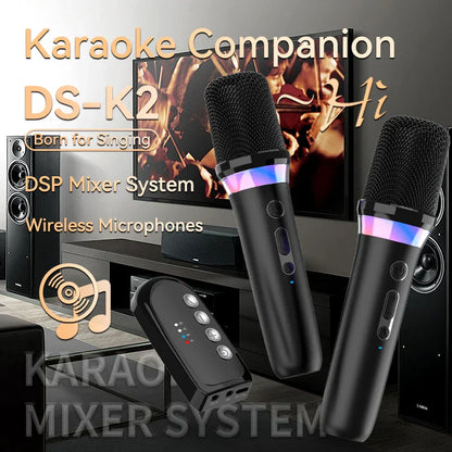 Black wireless karaoke companion bluetooth microphones with colorful led rings and matching remote for wired speaker car use