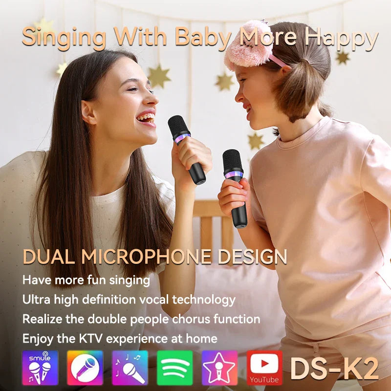 Black dual microphone set with purple led accents for home ktv singing featuring karaoke companion bluetooth and light ktv dsp