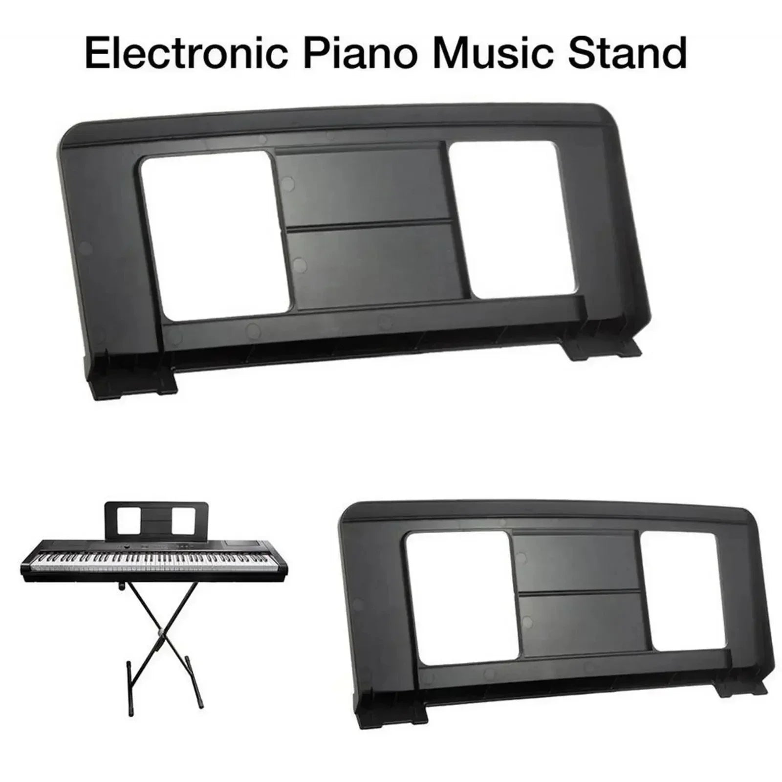 Black plastic durable portable music stand with two rectangular cutouts and central compartment for electronic piano music