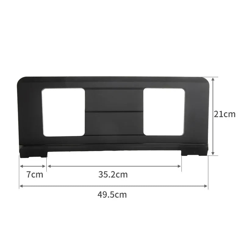 Black plastic electronic piano music stand with two rectangular cutouts and central ridge for portable use
