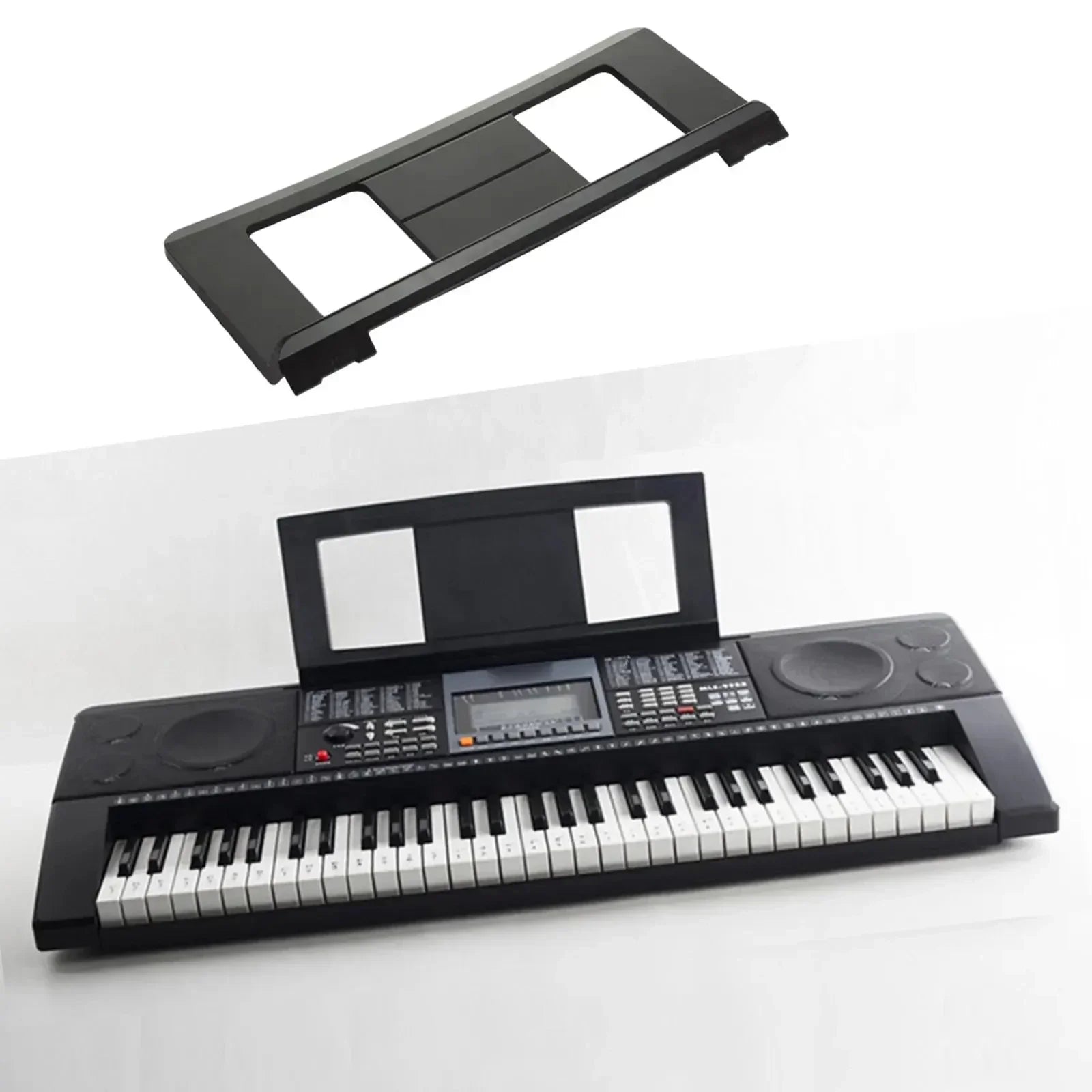 Black plastic electronic piano music stand with two rectangular cutouts and curved base portable music stand