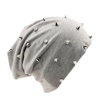 Gray knit beanie with silver toned metal spikes for fashion hip hop autumn men beanies and brand outdoor beauty use