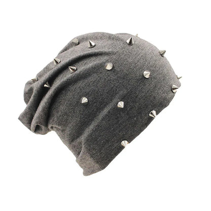 Gray knit fashion hip hop beanie with silver-toned metal spikes for autumn men beanies and brand outdoor beauty use