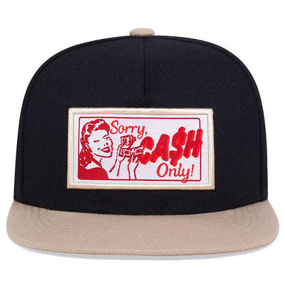 Black and beige snapback hat with red embroidered black red label patch featuring woman holding money for outdoor use