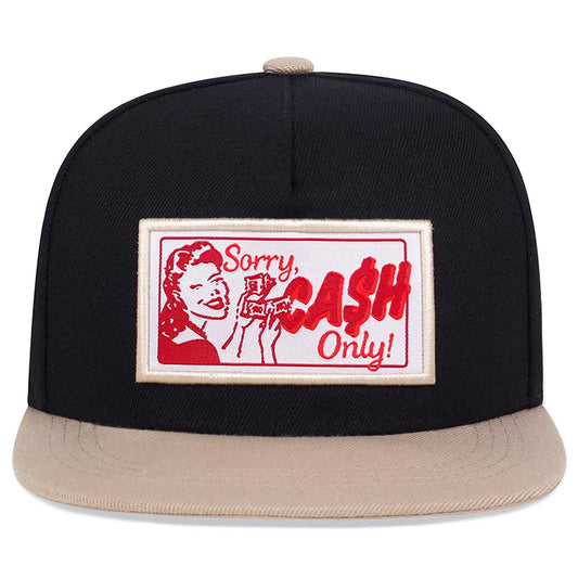 Black and beige snapback hat with red embroidered black red label patch featuring woman holding money for outdoor use