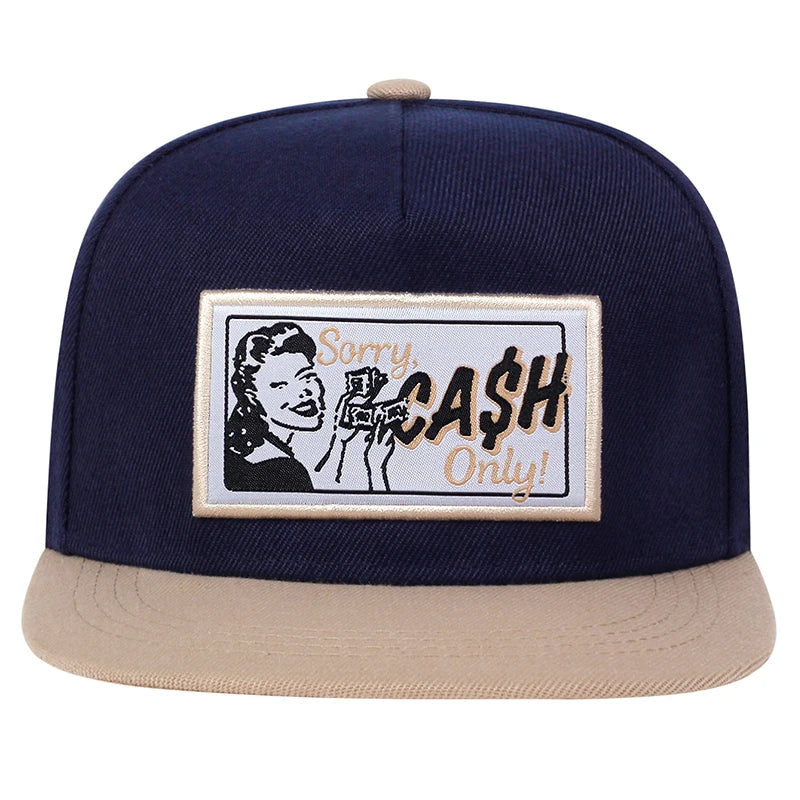 Navy blue and beige snapback cap with vintage embroidered patch sorry cash only in black red label style for outdoor sports