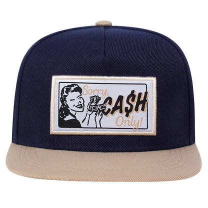 Navy blue and beige snapback cap with vintage embroidered patch sorry cash only in black red label style for outdoor sports