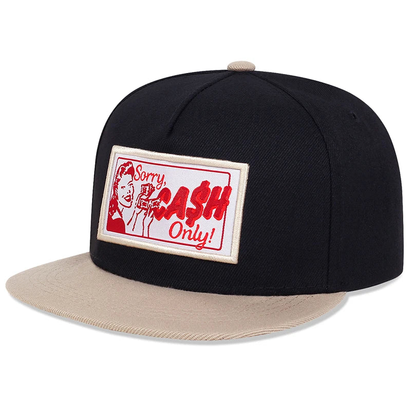 Black and beige snapback cap with red label embroidered patch saying sorry cash only for outdoor sports use