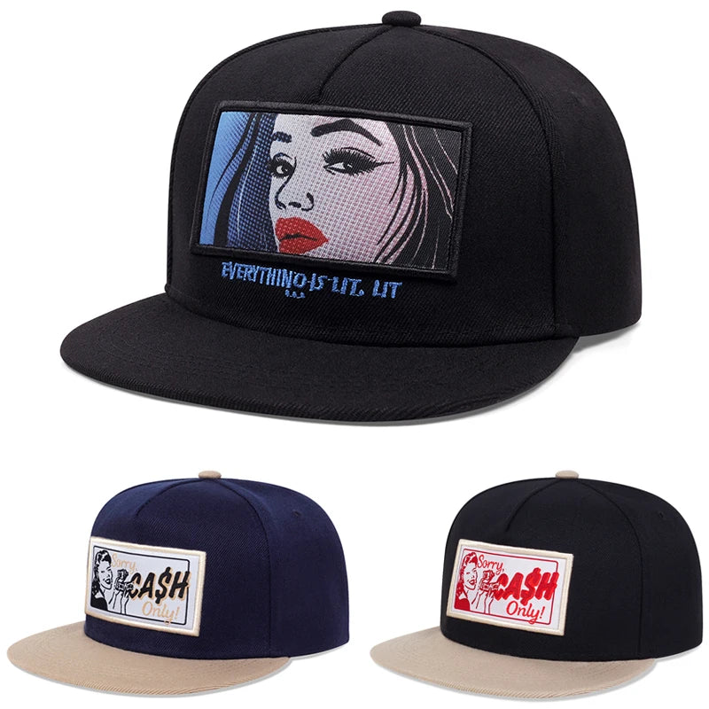 Black snapback cap with black red label featuring embroidered pop-art woman and everything is lit text for sports leisure