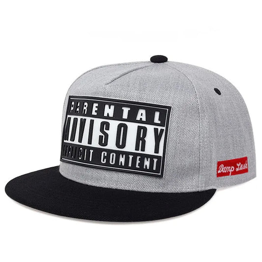 Gray and black cotton baseball cap summer with fashion offset printed parental advisory patch and hip hop adjustable snapback