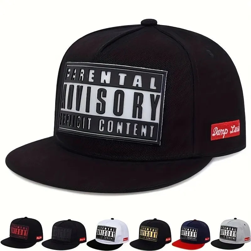Black cotton baseball cap summer featuring fashion offset printed parental advisory logo and hip hop adjustable snapback design