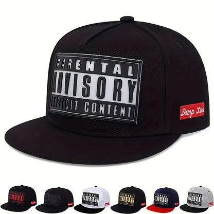 Black cotton baseball cap summer featuring fashion offset printed parental advisory logo and hip hop adjustable snapback design
