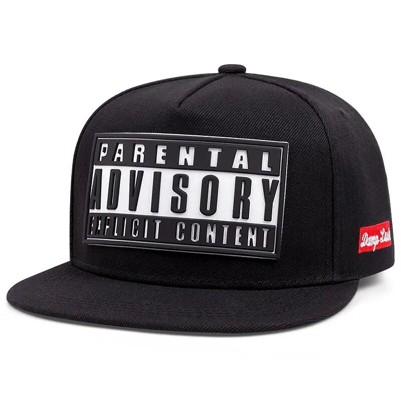 Black cotton snapback baseball cap summer with fashion offset printed parental advisory logo and hip hop adjustable fit