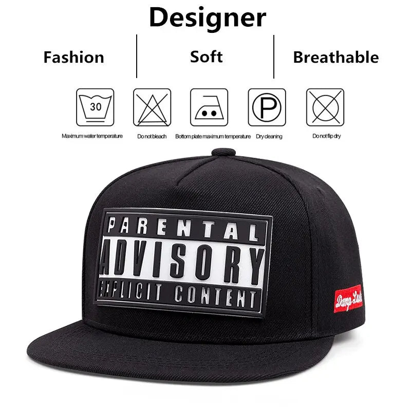 Black cotton snapback baseball cap summer with fashion offset printed parental advisory and hip hop adjustable design