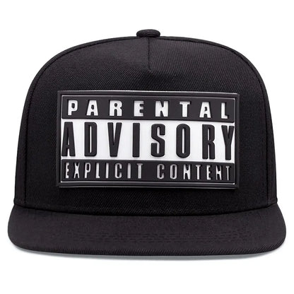 Black cotton snapback baseball cap summer with raised fashion offset printed parental advisory logo, hip hop adjustable design