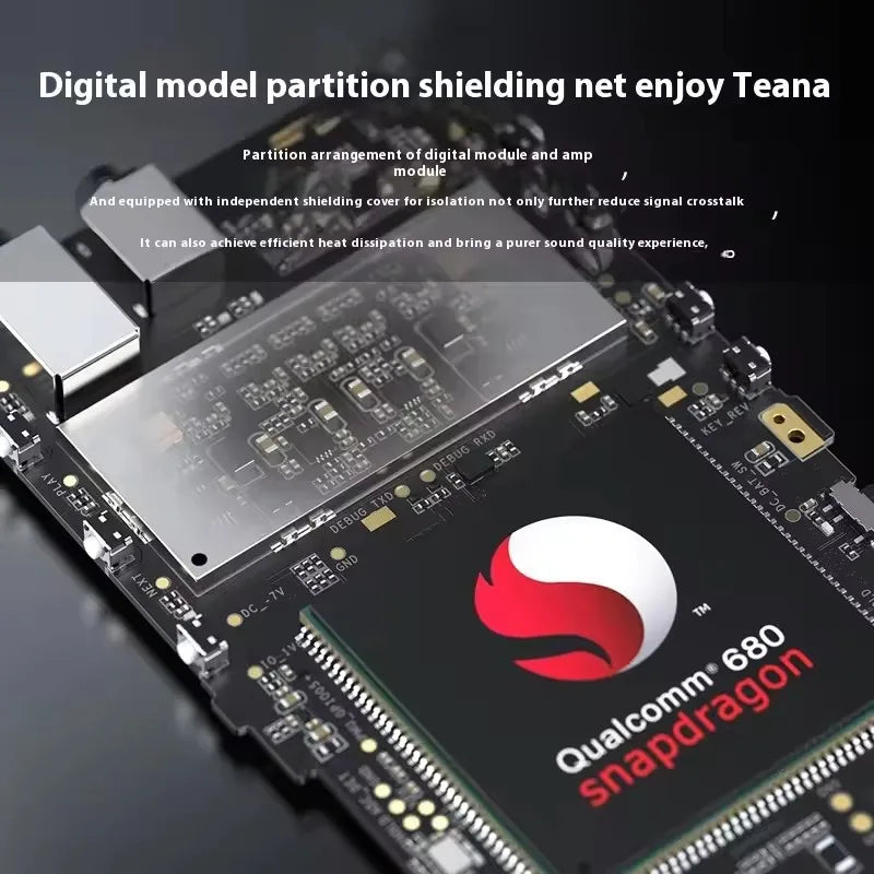 Black qualcomm snapdragon 680 chip with red white logo on circuit board in fiio m21 portable hifi high sound player long battery
