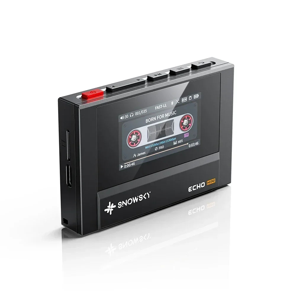 Black fiio snowsky echo mini walkman 8gb digital audio player with touchscreen displaying cassette graphics and custom support dsd