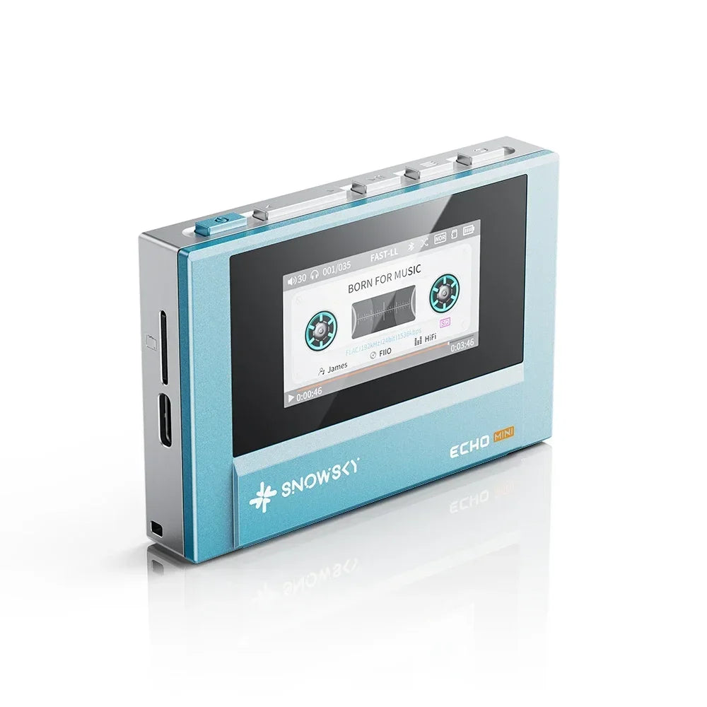 Light blue and silver fiio snowsky echo mini walkman 8gb with custom support dsd and cassette tape-themed screen display