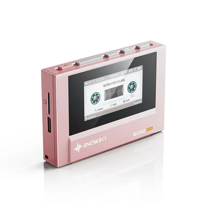 Pink metallic fiio snowsky echo mini walkman 8gb with custom support dsd and cassette tape graphics on rectangular screen