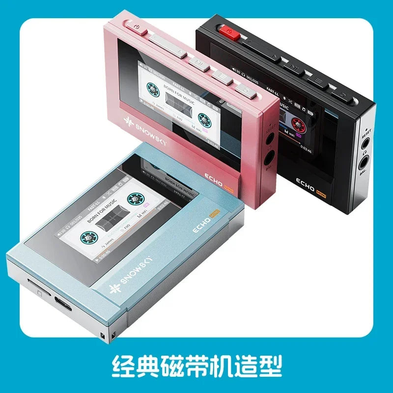 Three fiio snowsky echo mini walkman 8gb players in pink black and blue with custom support dsd and music playback screens