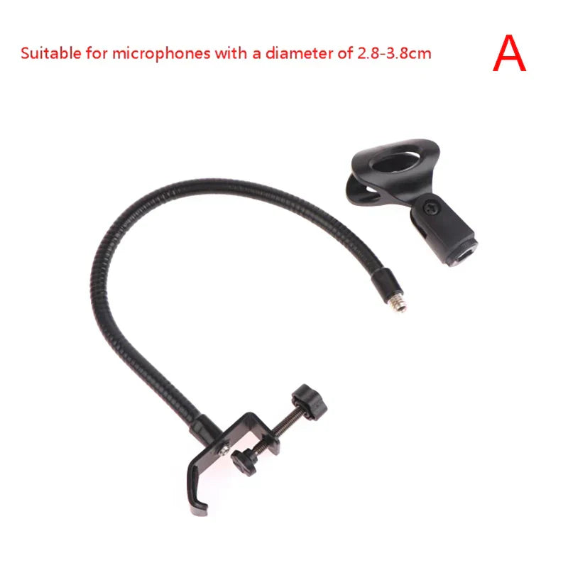 Black flexible microphone gooseneck stand with adjustable clamp and threaded mount for radio broadcasting studio use