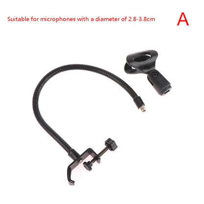 Black flexible microphone gooseneck stand with adjustable clamp and threaded mount for radio broadcasting studio use