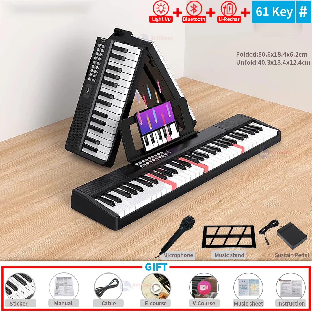 Black and white 61-key folding piano musical keyboard professional with bluetooth and built-in light-up keys portable synthesizer