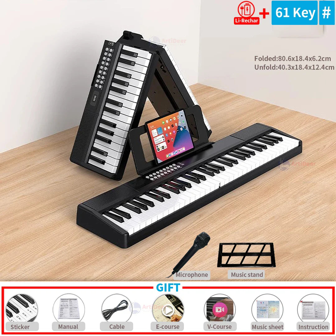 Black and white 61-key folding piano with built-in stand for ipad, a musical keyboard professional adult electronic portable device
