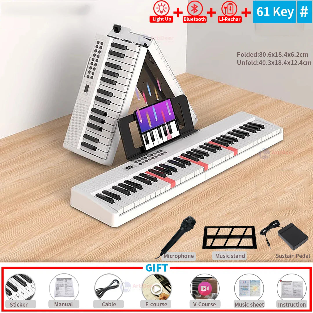 White and black folding piano 61-key portable musical keyboard professional with bluetooth led lighting and accessories
