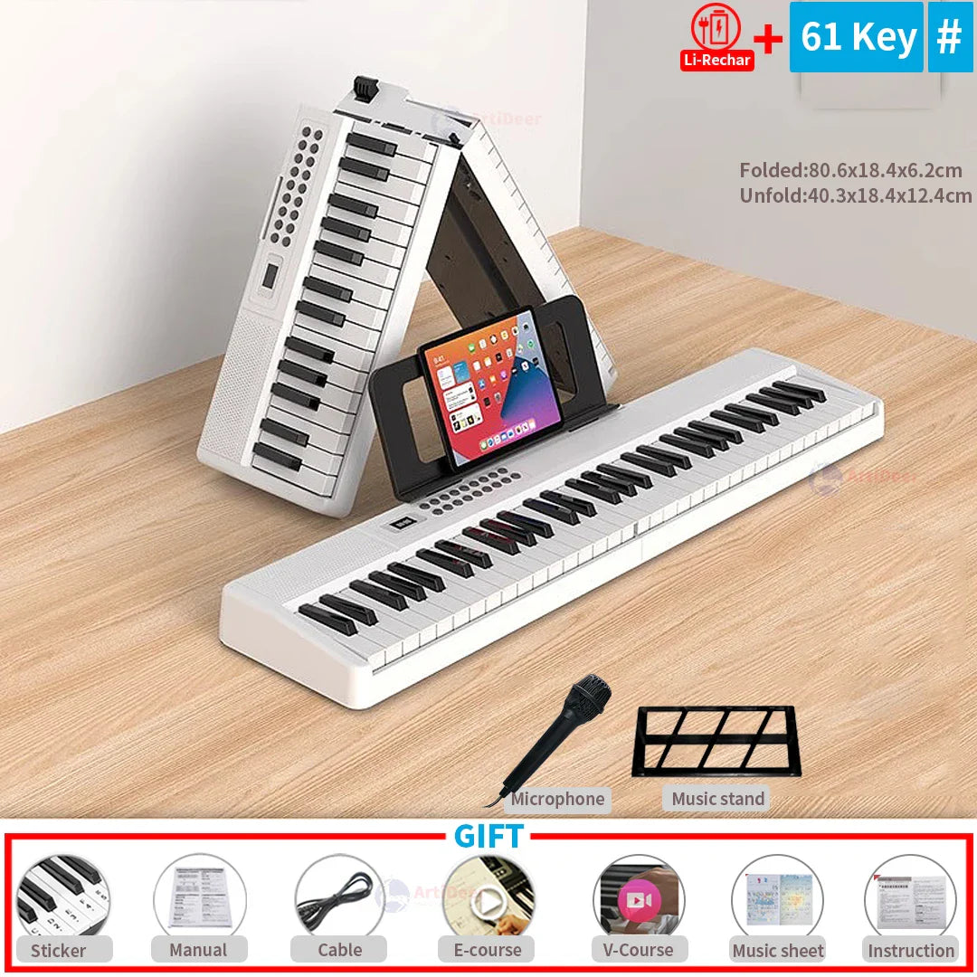 White foldable 61-key musical keyboard professional with black keys and built-in phone stand for adult electronic portable use