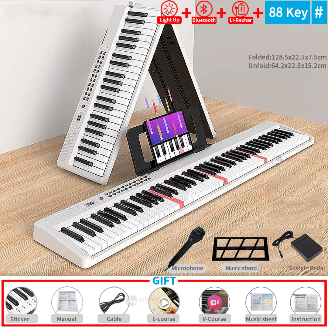 White and black 88-key foldable musical keyboard professional with bluetooth for adult electronic portable use