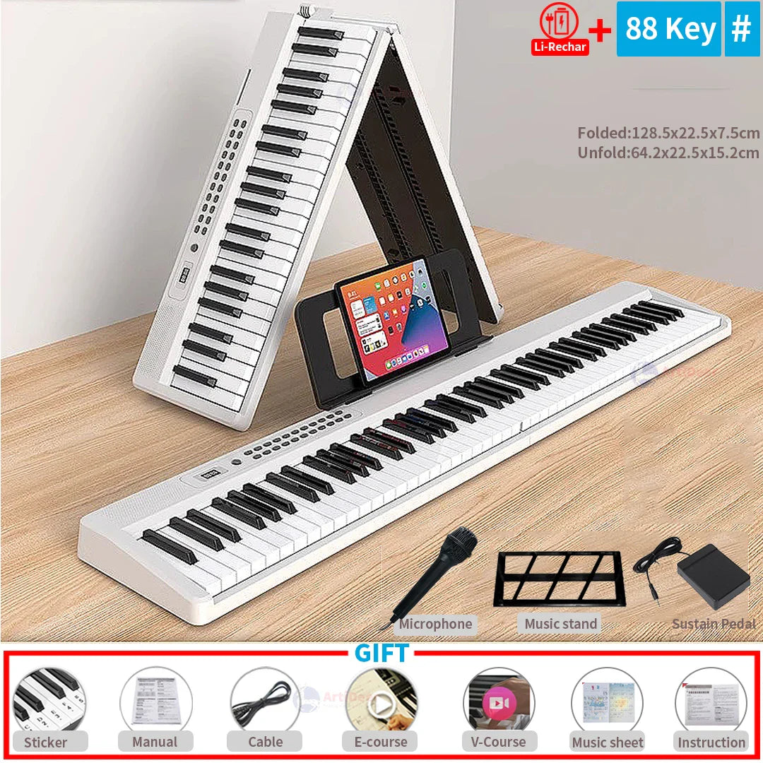 White and black 88-key foldable piano with li-ion battery adult electronic portable musical keyboard professional