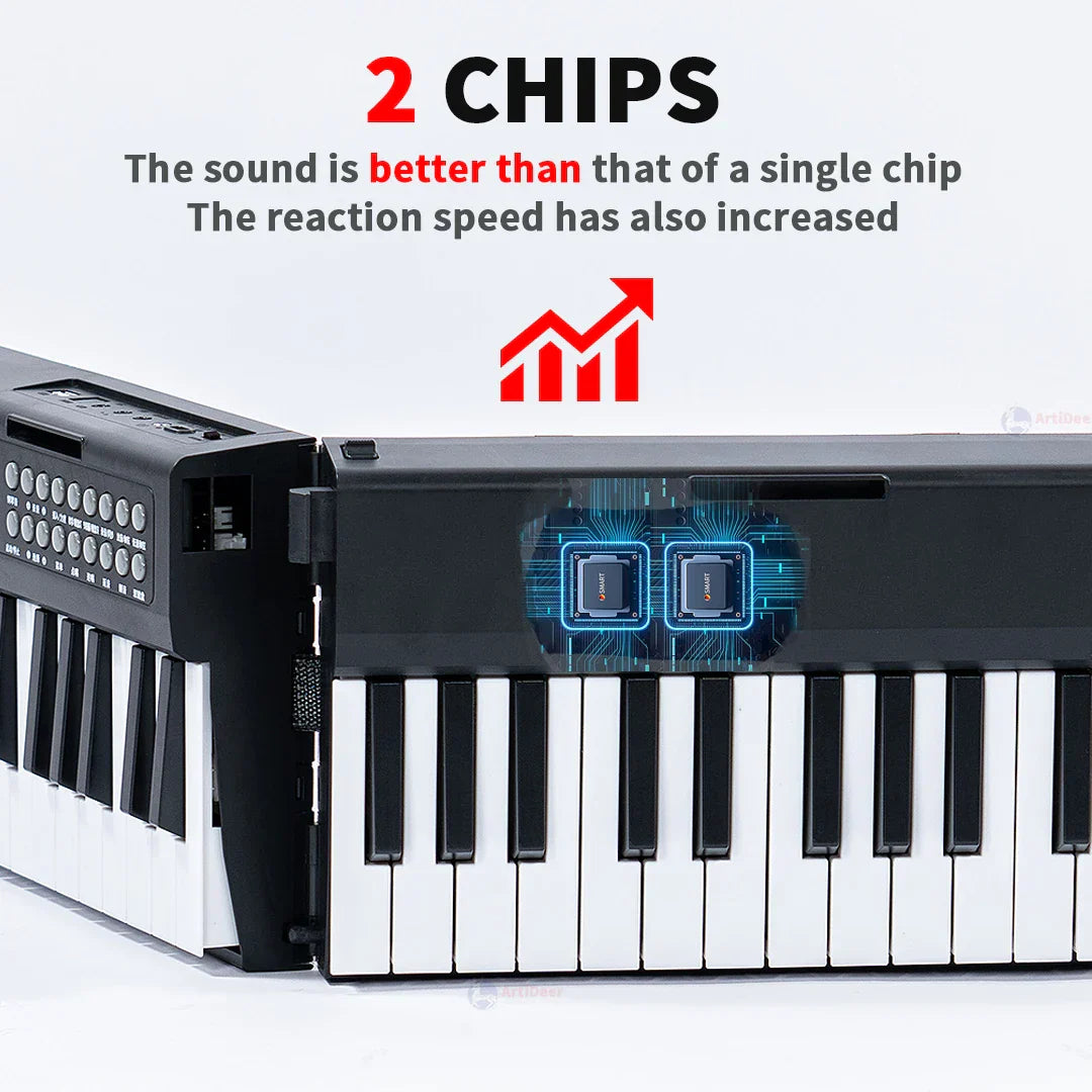 Black and white folding piano musical keyboard professional with two blue highlighted chips for enhanced sound quality